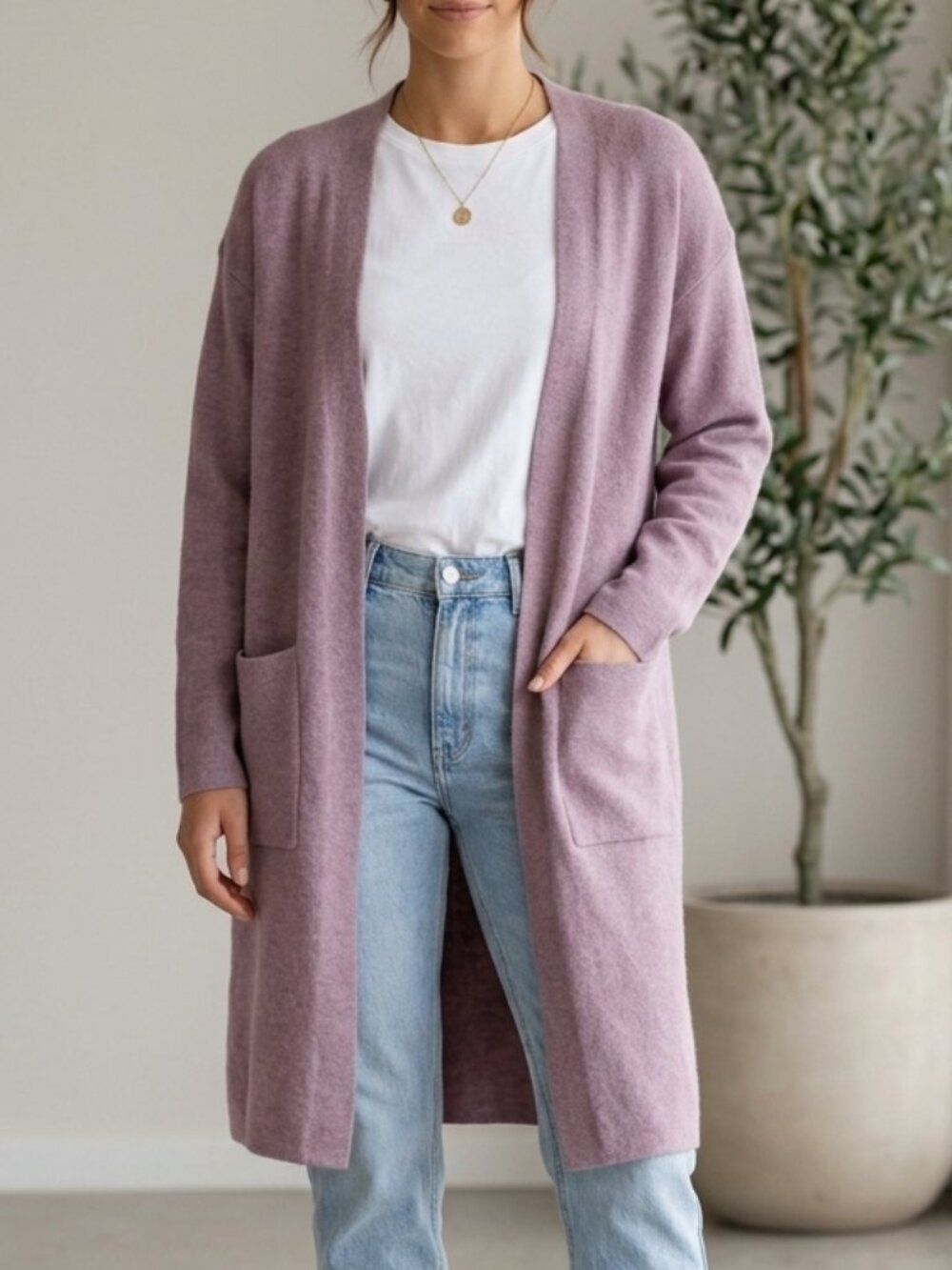 Sioni Open Front Longline Cardigan Sweater Mauve Purple Size M